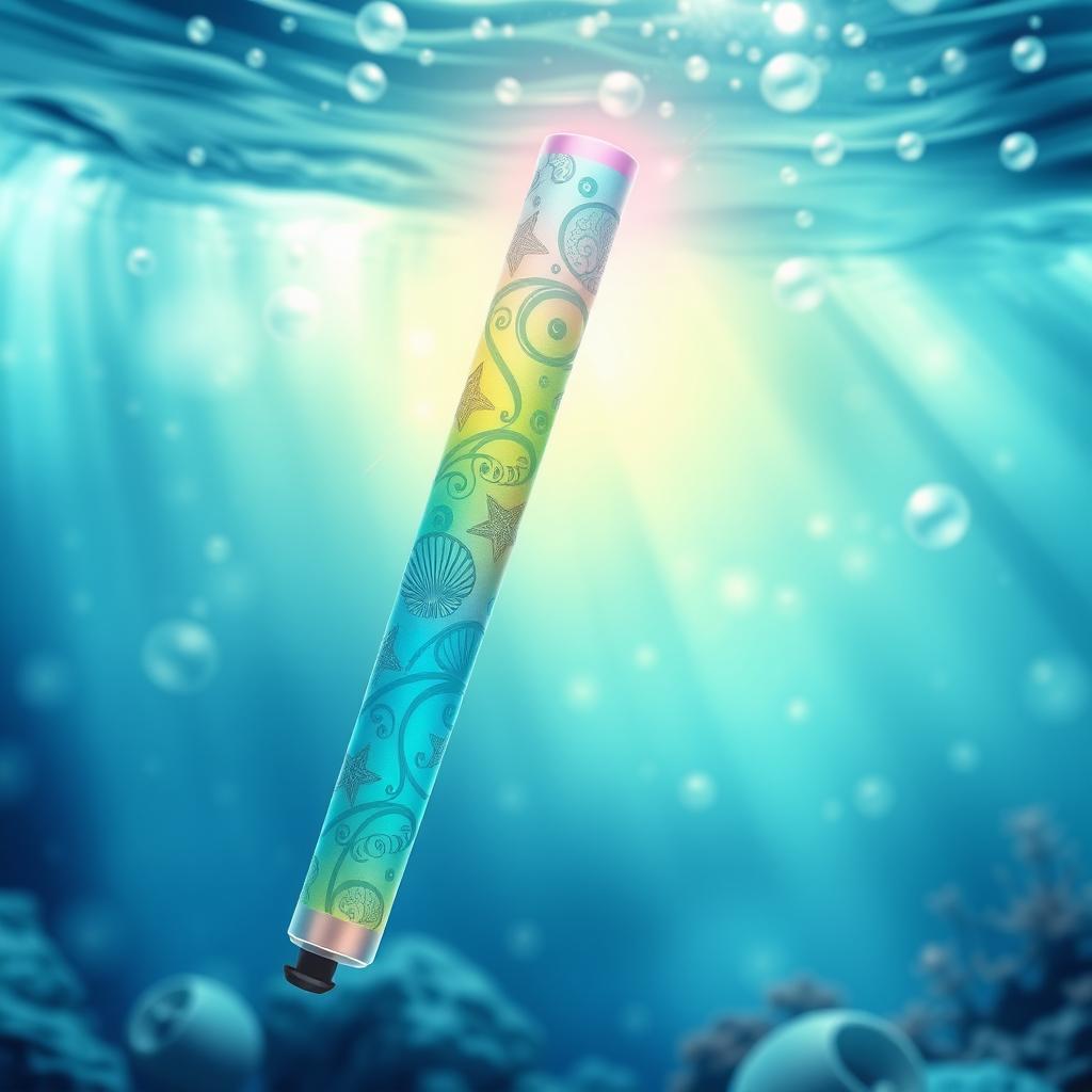 A vibrant and artistic depiction of an ocean-themed lightstick, featuring swirling patterns inspired by waves and marine life