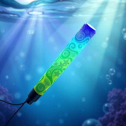 A vibrant and artistic depiction of an ocean-themed lightstick, featuring swirling patterns inspired by waves and marine life