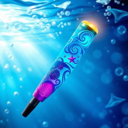 A vibrant and artistic depiction of an ocean-themed lightstick, featuring swirling patterns inspired by waves and marine life