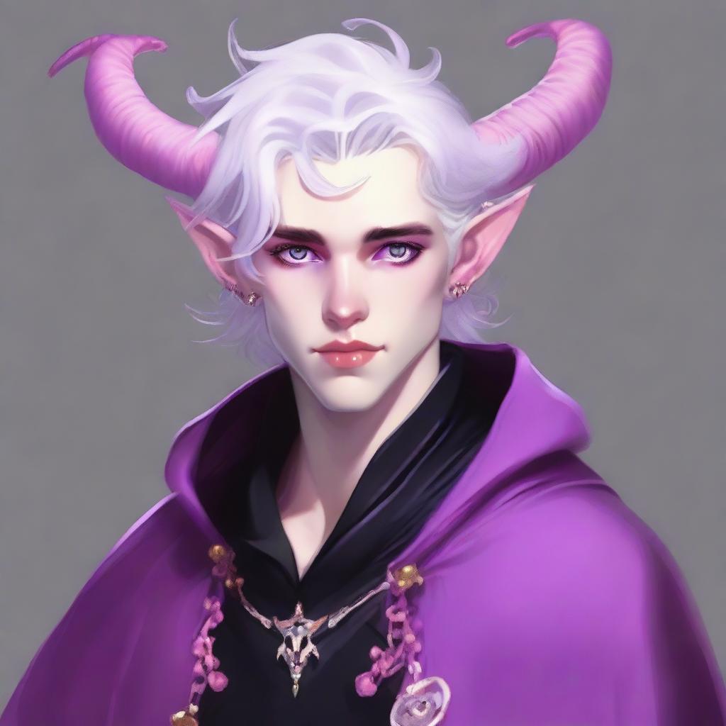 A high-quality digital art piece illustrates an 18-year-old tiefling boy