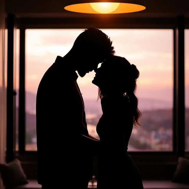 A sensual silhouette of a couple passionately embracing beneath a soft, warm light