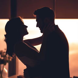 A sensual silhouette of a couple passionately embracing beneath a soft, warm light