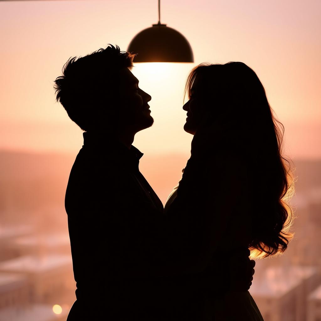 A sensual silhouette of a couple passionately embracing beneath a soft, warm light