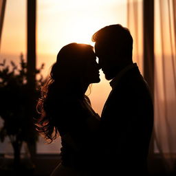 A sensual silhouette of a couple passionately embracing beneath a soft, warm light