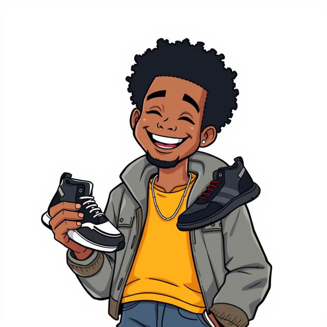 A cartoon of a man with an Afro hairstyle, holding a pair of shoes, set against a plain white background