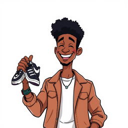 A cartoon of a man with an Afro hairstyle, holding a pair of shoes, set against a plain white background