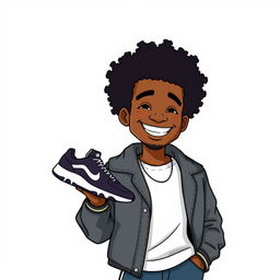 A cartoon of a man with an Afro hairstyle, holding a pair of shoes, set against a plain white background