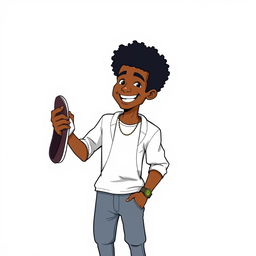 A cartoon of a man with an Afro hairstyle, holding a pair of shoes, set against a plain white background