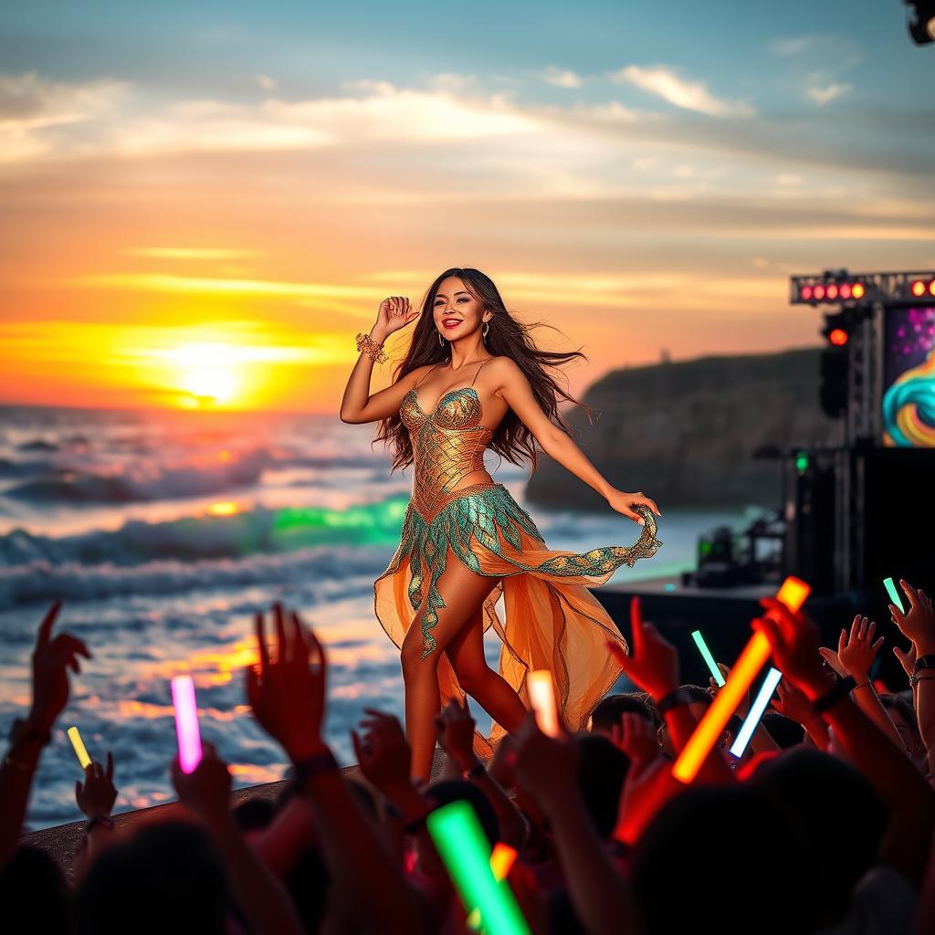 A vibrant idol performance taking place on an ocean-stage, featuring a charismatic female singer in a dazzling, ocean-themed outfit with shimmering scales and flowing fabrics