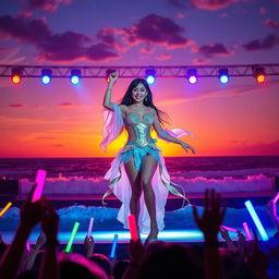 A vibrant idol performance taking place on an ocean-stage, featuring a charismatic female singer in a dazzling, ocean-themed outfit with shimmering scales and flowing fabrics