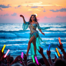 A vibrant idol performance taking place on an ocean-stage, featuring a charismatic female singer in a dazzling, ocean-themed outfit with shimmering scales and flowing fabrics