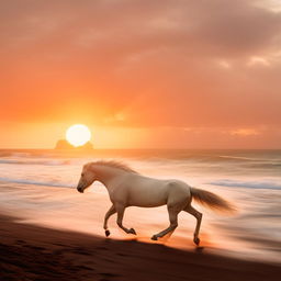 A majestic white horse galloping on a beach during a vivid sunset, with waves crashing in the background.