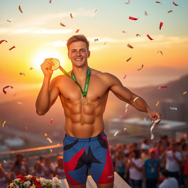 A proud athlete holding a shiny gold medal, standing on a podium with a breathtaking sunset in the background