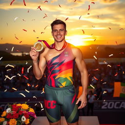 A proud athlete holding a shiny gold medal, standing on a podium with a breathtaking sunset in the background
