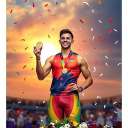 A proud athlete holding a shiny gold medal, standing on a podium with a breathtaking sunset in the background