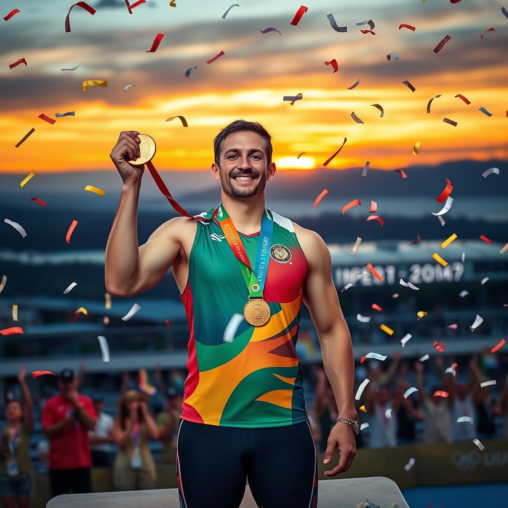 A proud athlete holding a shiny gold medal, standing on a podium with a breathtaking sunset in the background