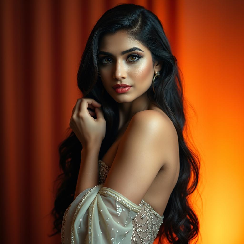 A stunning portrait of a beautiful Indian actress with long dark hair, wearing a glamorous, sparkling outfit