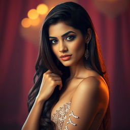 A stunning portrait of a beautiful Indian actress with long dark hair, wearing a glamorous, sparkling outfit