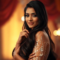 A stunning portrait of a beautiful Indian actress with long dark hair, wearing a glamorous, sparkling outfit