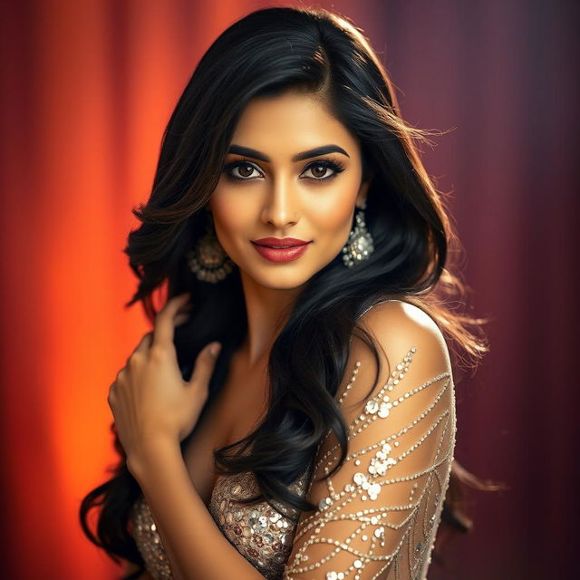 A stunning portrait of a beautiful Indian actress with long dark hair, wearing a glamorous, sparkling outfit