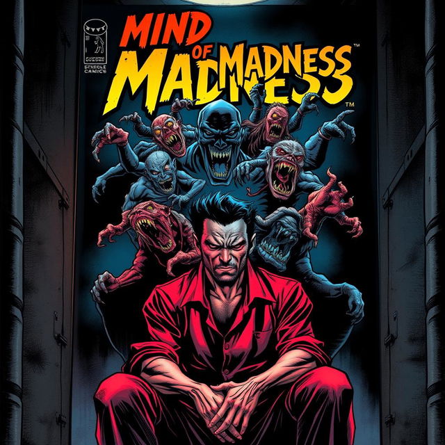 A dramatic comic book cover featuring a male character on death row, sitting in a dimly lit cell with a haunted expression