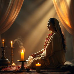 A serene scene depicting a female Hindu saint in traditional attire, sitting in an atmospheric and mystical setting surrounded by soft, warm light