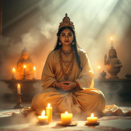 A serene scene depicting a female Hindu saint in traditional attire, sitting in an atmospheric and mystical setting surrounded by soft, warm light