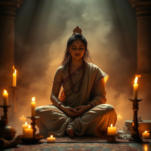 A serene scene depicting a female Hindu saint in traditional attire, sitting in an atmospheric and mystical setting surrounded by soft, warm light