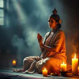 A serene scene depicting a female Hindu saint in traditional attire, sitting in an atmospheric and mystical setting surrounded by soft, warm light
