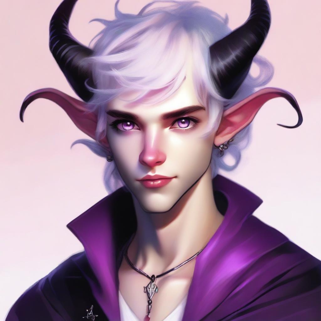 A high-resolution digital art image portrays an 18-year-old tiefling boy