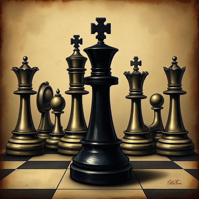 An artistic illustration of a black soldier chess piece at the center of the image, surrounded by high-ranking chess pieces such as a minister (queen), king, castle (rook), and bishop