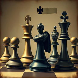 An artistic illustration of a black soldier chess piece at the center of the image, surrounded by high-ranking chess pieces such as a minister (queen), king, castle (rook), and bishop
