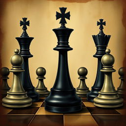 An artistic illustration of a black soldier chess piece at the center of the image, surrounded by high-ranking chess pieces such as a minister (queen), king, castle (rook), and bishop