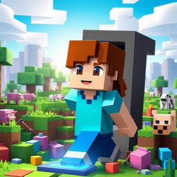 A vibrant and dynamic scene featuring Alex from Minecraft entering a colorful blocky world