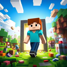 A vibrant and dynamic scene featuring Alex from Minecraft entering a colorful blocky world