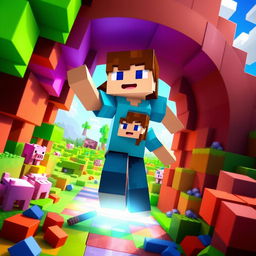 A vibrant and dynamic scene featuring Alex from Minecraft entering a colorful blocky world