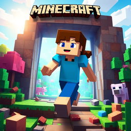 A vibrant and dynamic scene featuring Alex from Minecraft entering a colorful blocky world