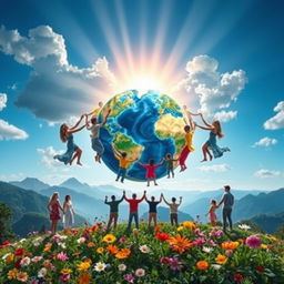 A scenic landscape depicting a serene globe surrounded by diverse people holding hands, expressing unity and love