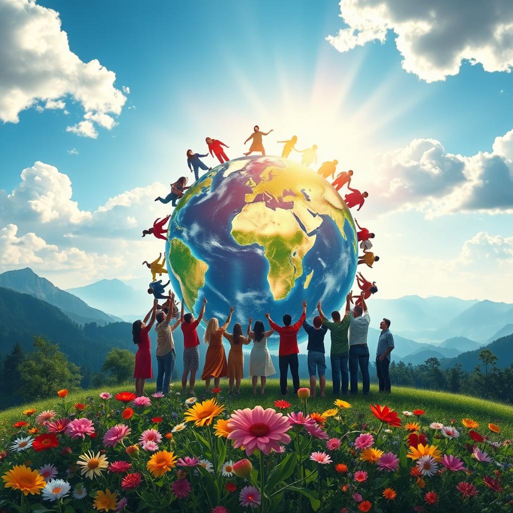 A scenic landscape depicting a serene globe surrounded by diverse people holding hands, expressing unity and love