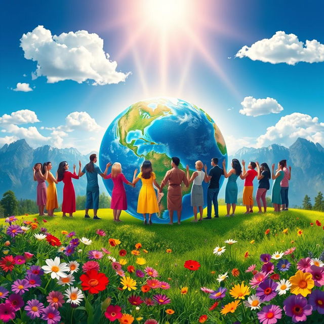 A scenic landscape depicting a serene globe surrounded by diverse people holding hands, expressing unity and love