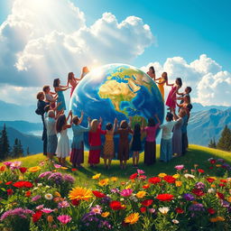 A scenic landscape depicting a serene globe surrounded by diverse people holding hands, expressing unity and love