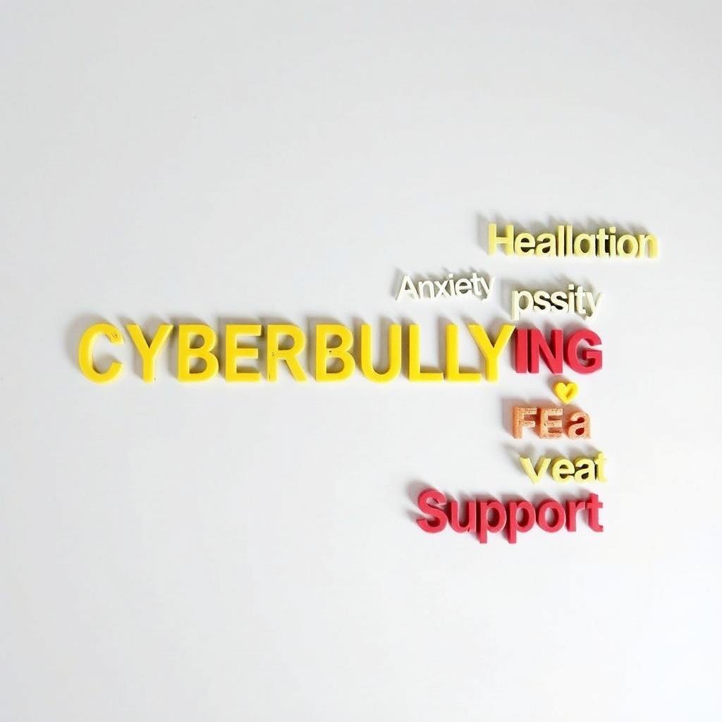 An artistic representation focusing on the theme of cyberbullying effects, with various impactful words and phrases vividly displayed throughout the image
