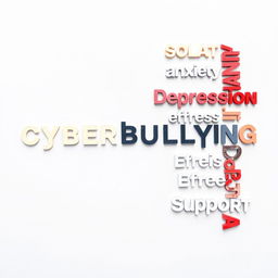 An artistic representation focusing on the theme of cyberbullying effects, with various impactful words and phrases vividly displayed throughout the image