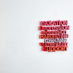 An artistic representation focusing on the theme of cyberbullying effects, with various impactful words and phrases vividly displayed throughout the image