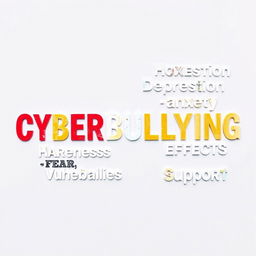 An artistic representation focusing on the theme of cyberbullying effects, with various impactful words and phrases vividly displayed throughout the image