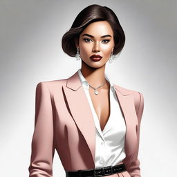 A digital art image depicting a confident woman in stylish attire