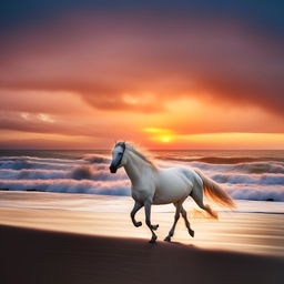 A majestic white horse galloping on a beach during a vivid sunset, with waves crashing in the background.