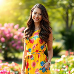 A fashionable real-life woman wearing a cute, vibrant dress, standing elegantly in an outdoor setting filled with blooming flowers