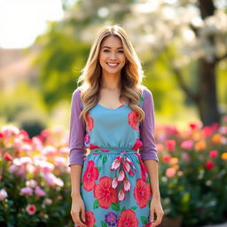 A fashionable real-life woman wearing a cute, vibrant dress, standing elegantly in an outdoor setting filled with blooming flowers
