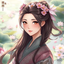 A realistic portrait of 'Miung' from the 'Heart of a Lotus' manhwa, transformed into a human character